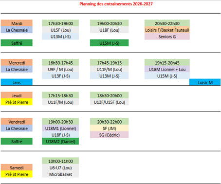 Planning des entrainements 2026/2027